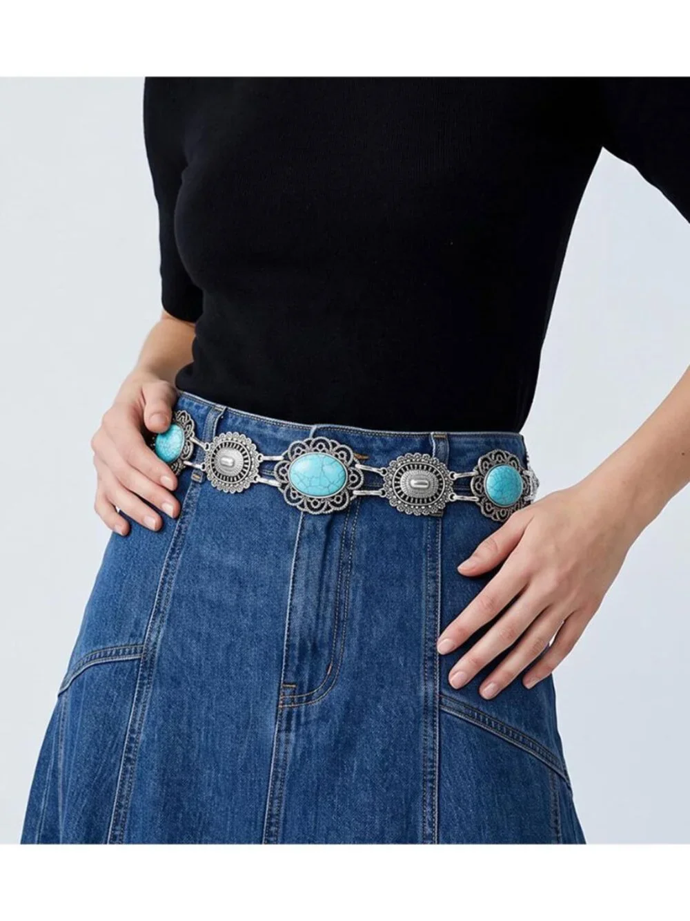 Tigerstars Bold Western Turquoise Oval Stone Accent Concho Link Waist Chain Belt